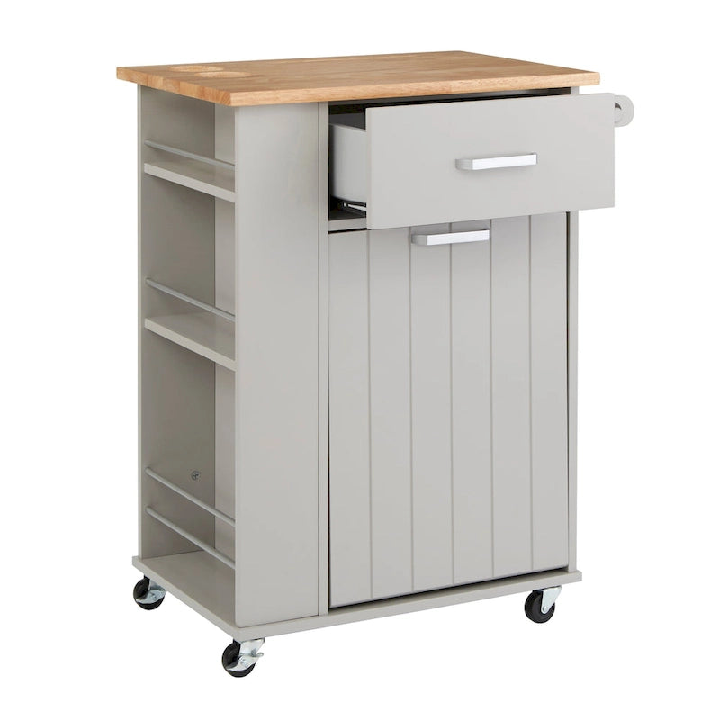 Rolling Kitchen Cart with Trash Bin Holder, Spice Rack and Drawer