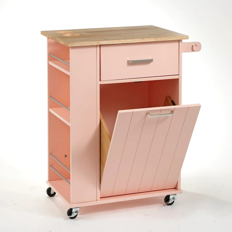 Rolling Kitchen Cart with Trash Bin Holder, Spice Rack and Drawer