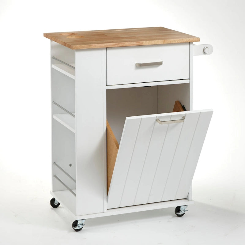 Rolling Kitchen Cart with Trash Bin Holder, Spice Rack and Drawer