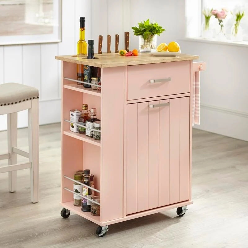 Rolling Kitchen Cart with Trash Bin Holder, Spice Rack and Drawer