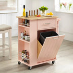 Rolling Kitchen Cart with Trash Bin Holder, Spice Rack and Drawer