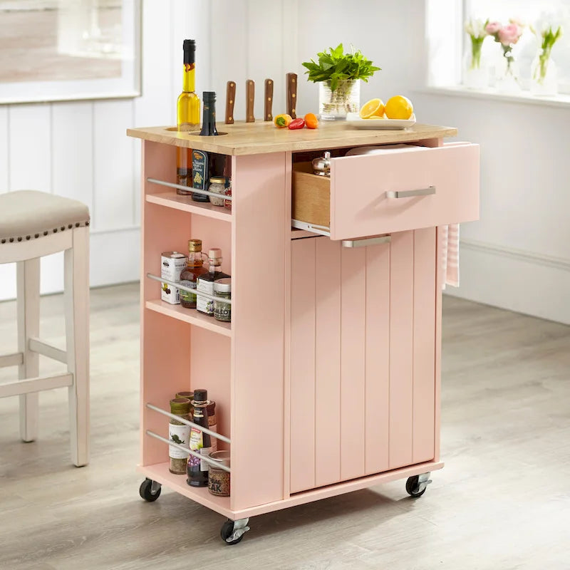 Rolling Kitchen Cart with Trash Bin Holder, Spice Rack and Drawer