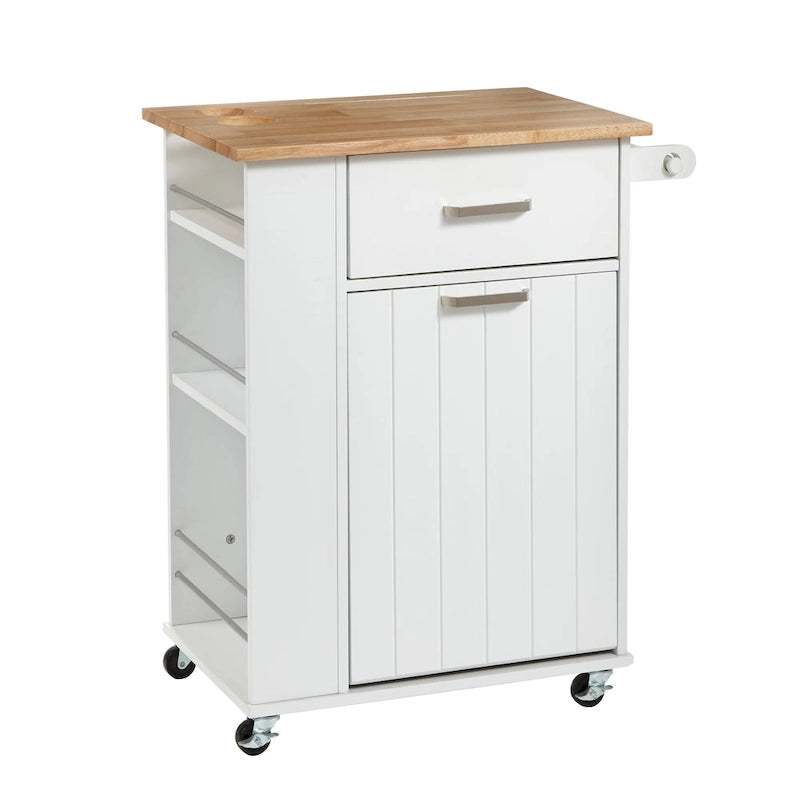 Rolling Kitchen Cart with Trash Bin Holder, Spice Rack and Drawer