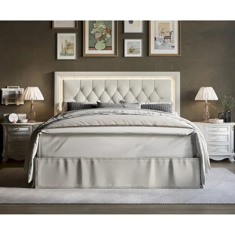 Button-Tufted Upholstered Platform Bed with LED Touch Lights