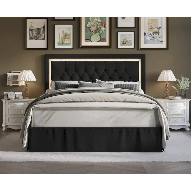 Button-Tufted Upholstered Platform Bed with LED Touch Lights
