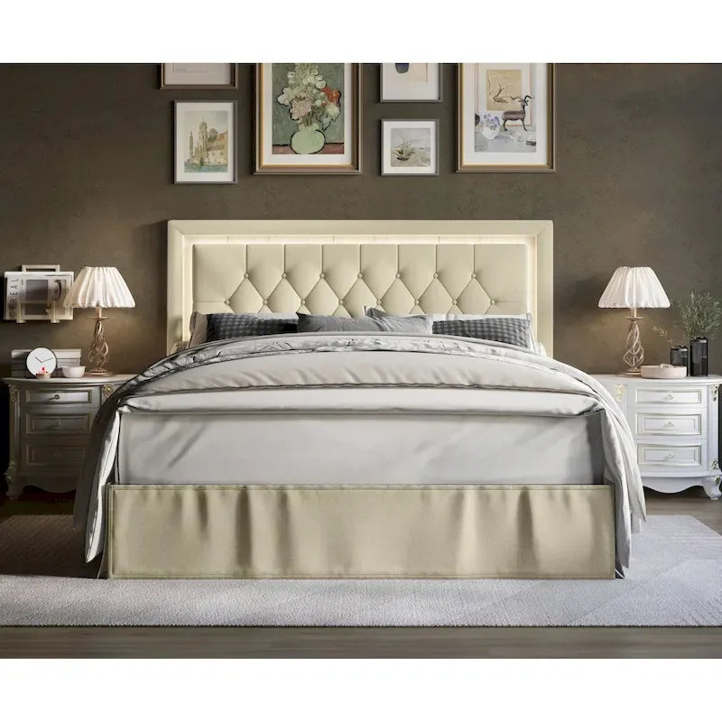 Button-Tufted Upholstered Platform Bed with LED Touch Lights