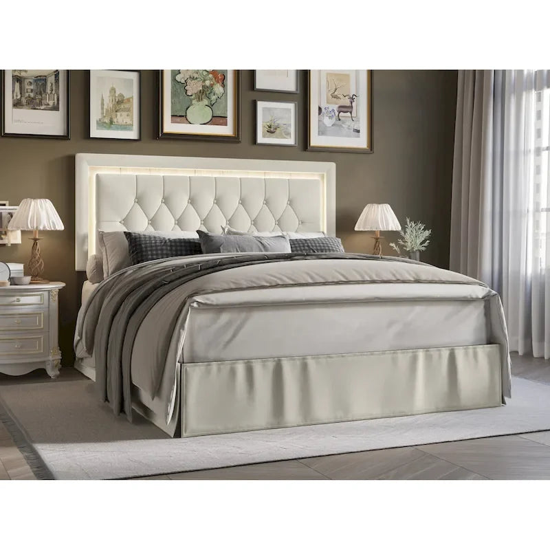 Button-Tufted Upholstered Platform Bed with LED Touch Lights