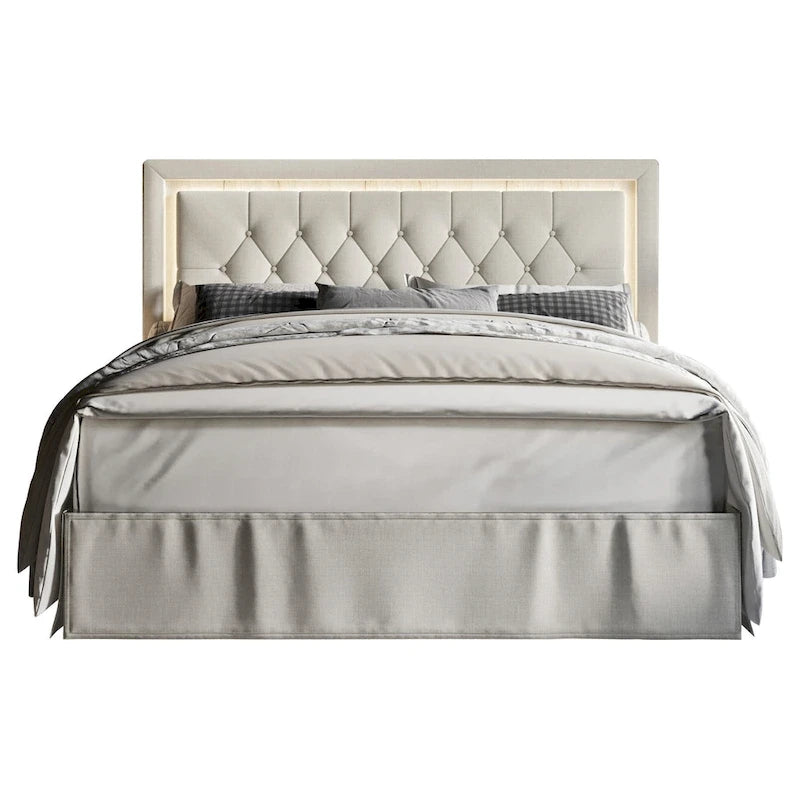 Button-Tufted Upholstered Platform Bed with LED Touch Lights