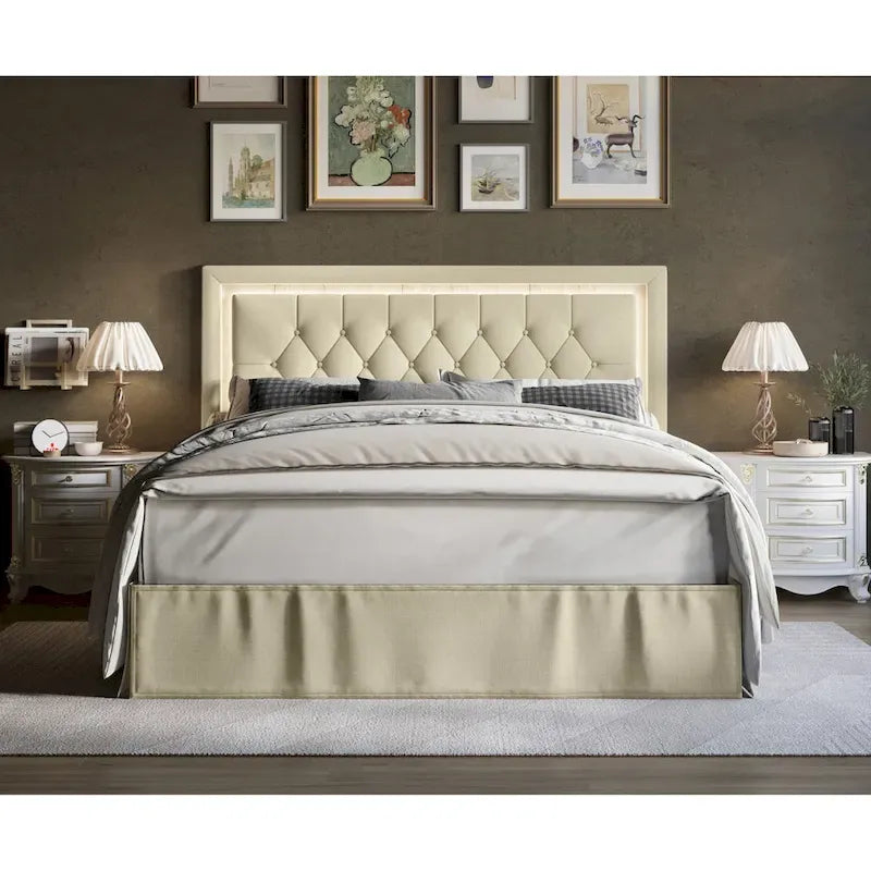 Button-Tufted Upholstered Platform Bed with LED Touch Lights