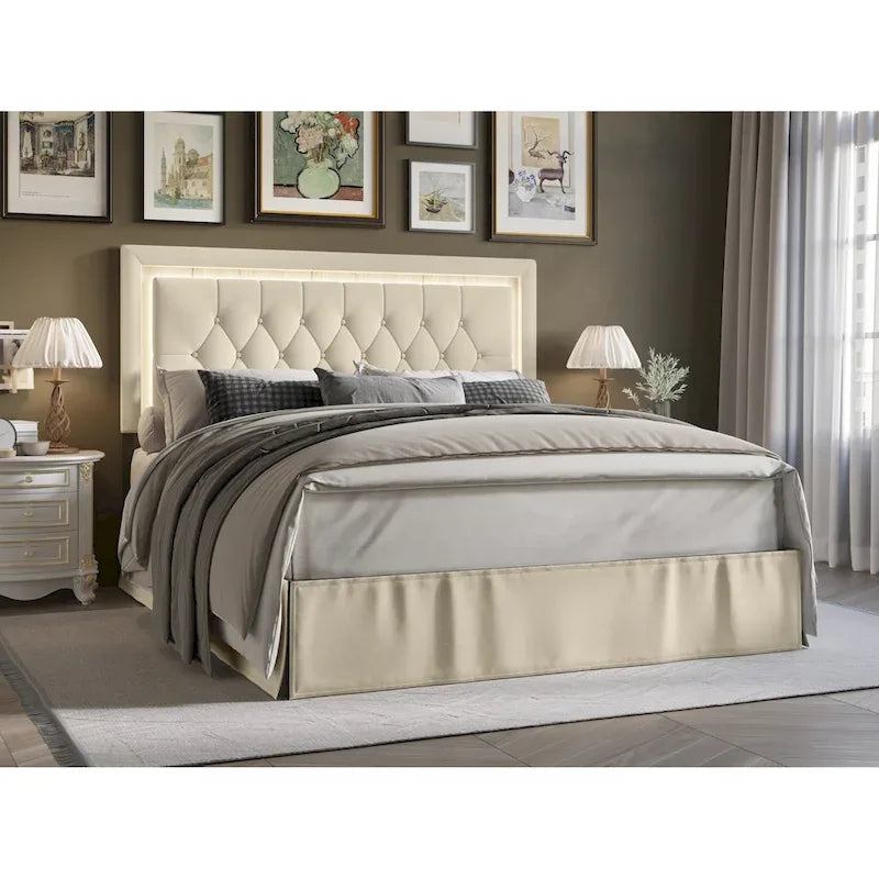Button-Tufted Upholstered Platform Bed with LED Touch Lights