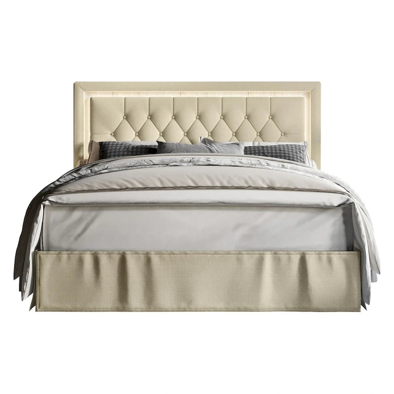 Button-Tufted Upholstered Platform Bed with LED Touch Lights