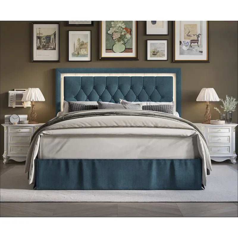 Button-Tufted Upholstered Platform Bed with LED Touch Lights