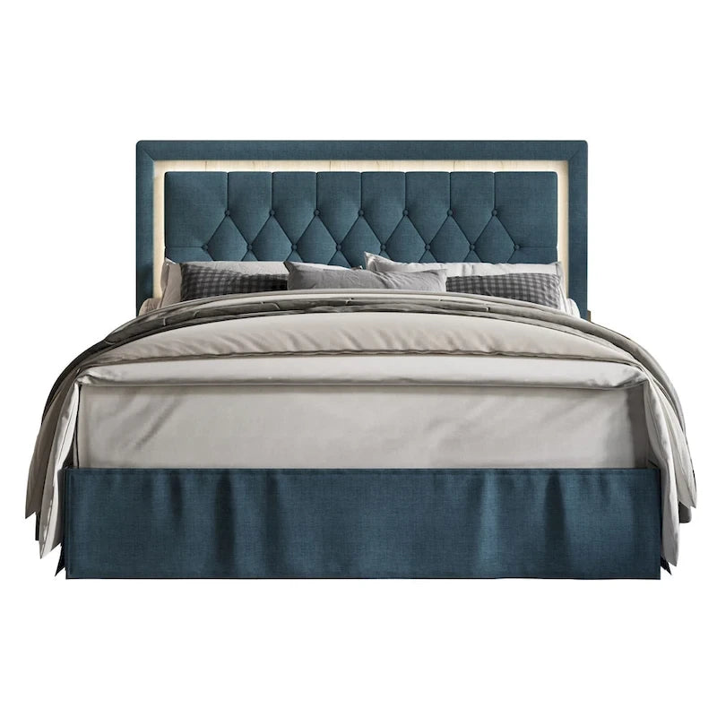 Button-Tufted Upholstered Platform Bed with LED Touch Lights