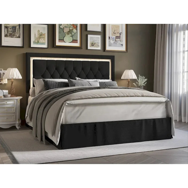 Button-Tufted Upholstered Platform Bed with LED Touch Lights