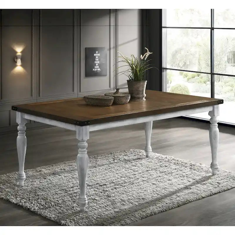  Salines Two-tone Wood Turned Leg Dining Table, Rustic White and Oak