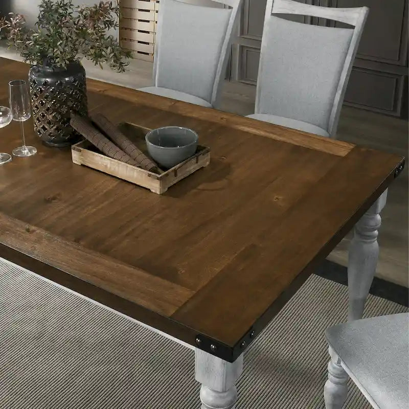 Two-tone Wood Turned Leg Dining Table, Rustic White and Oak