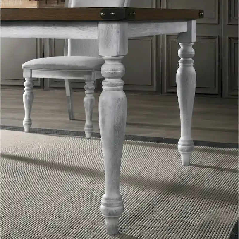 Two-tone Wood Turned Leg Dining Table, Rustic White and Oak