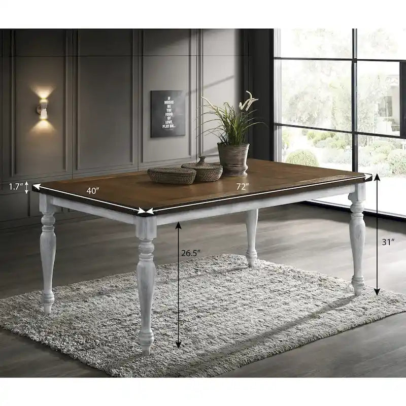 Two-tone Wood Turned Leg Dining Table, Rustic White and Oak