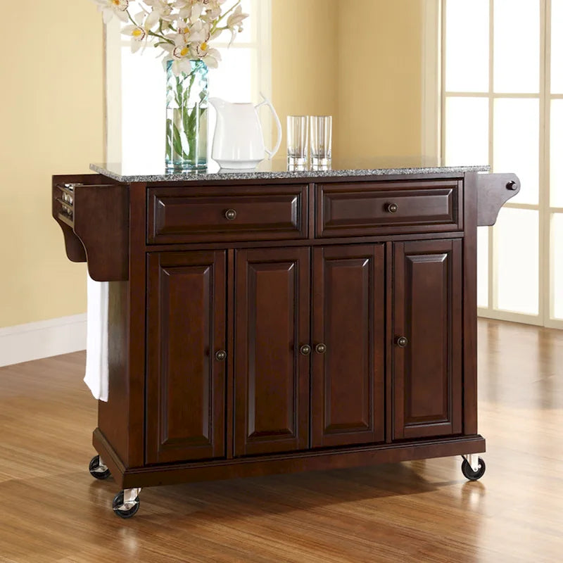  Full Size Granite Top Vintage Mahogany Kitchen Cart - 18d x 51.5w x 36h