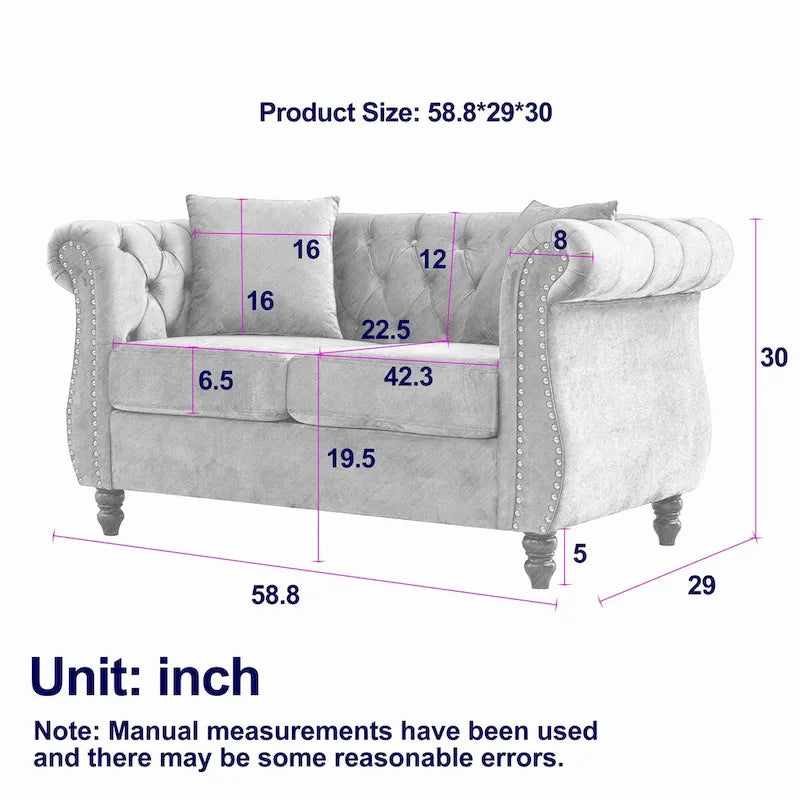 Velvet Chesterfield Loveseat Sofa, Rolled Arms, Nailhead Trim