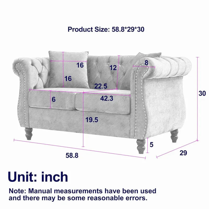 Velvet Chesterfield Loveseat Sofa, Rolled Arms, Nailhead Trim