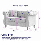 Velvet Chesterfield Loveseat Sofa, Rolled Arms, Nailhead Trim
