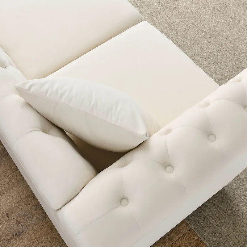 Beige Velvet Chesterfield 3 Seater Sofa, Rolled Arms, Nailhead Trim