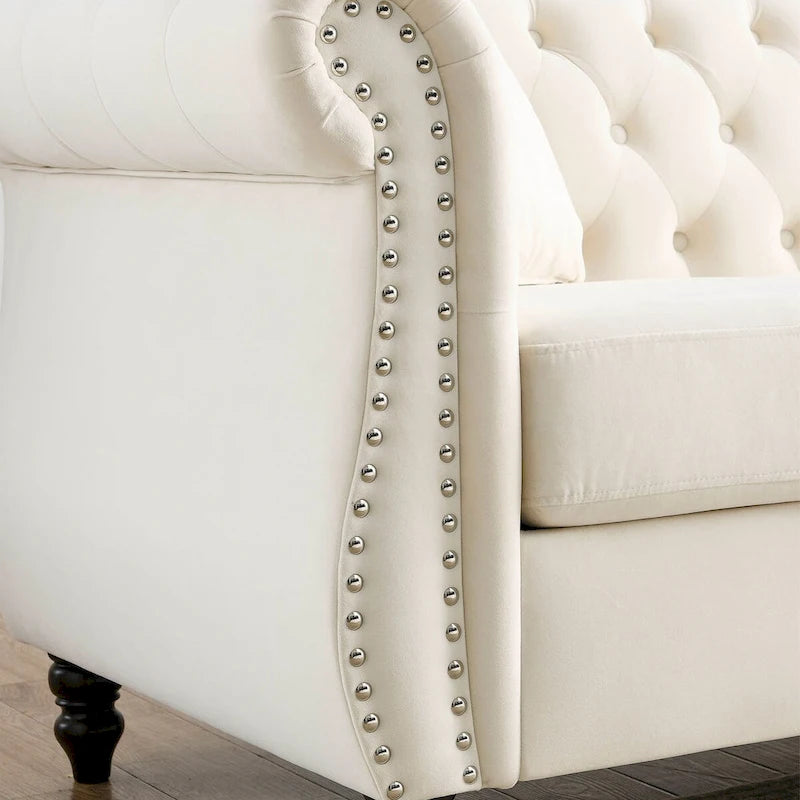 Beige Velvet Chesterfield 3 Seater Sofa, Rolled Arms, Nailhead Trim