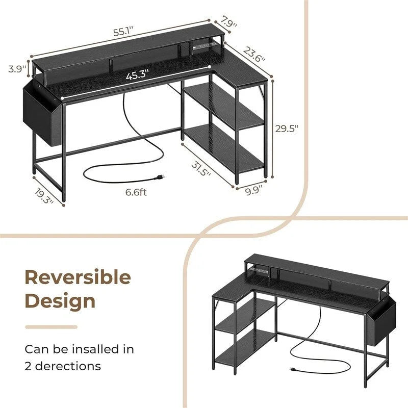 L Shaped Gaming Desk with LED Lights